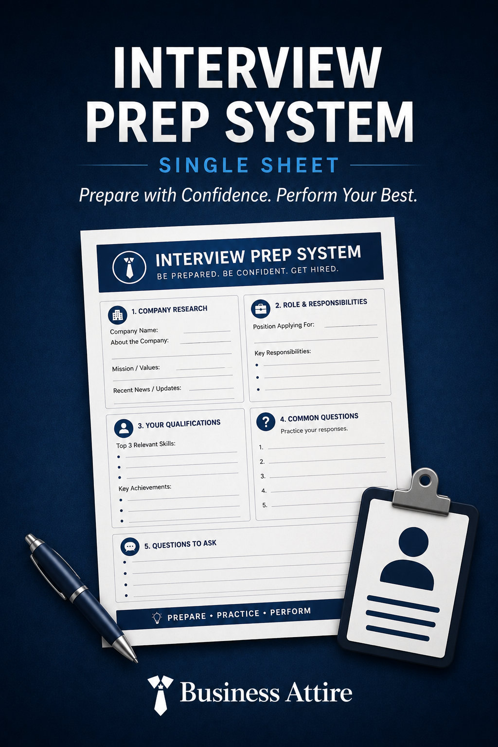 Interview Prep System | Printable PDF + DOCX | Business Attire