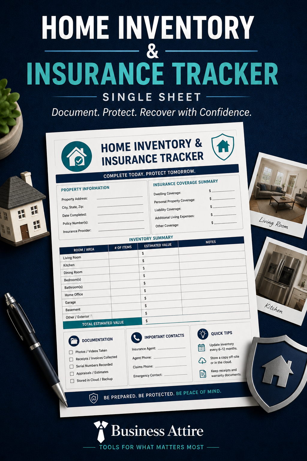 Home Inventory & Insurance Tracker | Printable XLSX | Business Attire