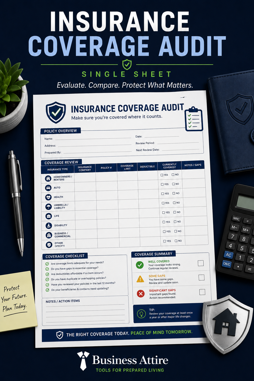 Insurance Coverage Audit | Printable XLSX | Business Attire