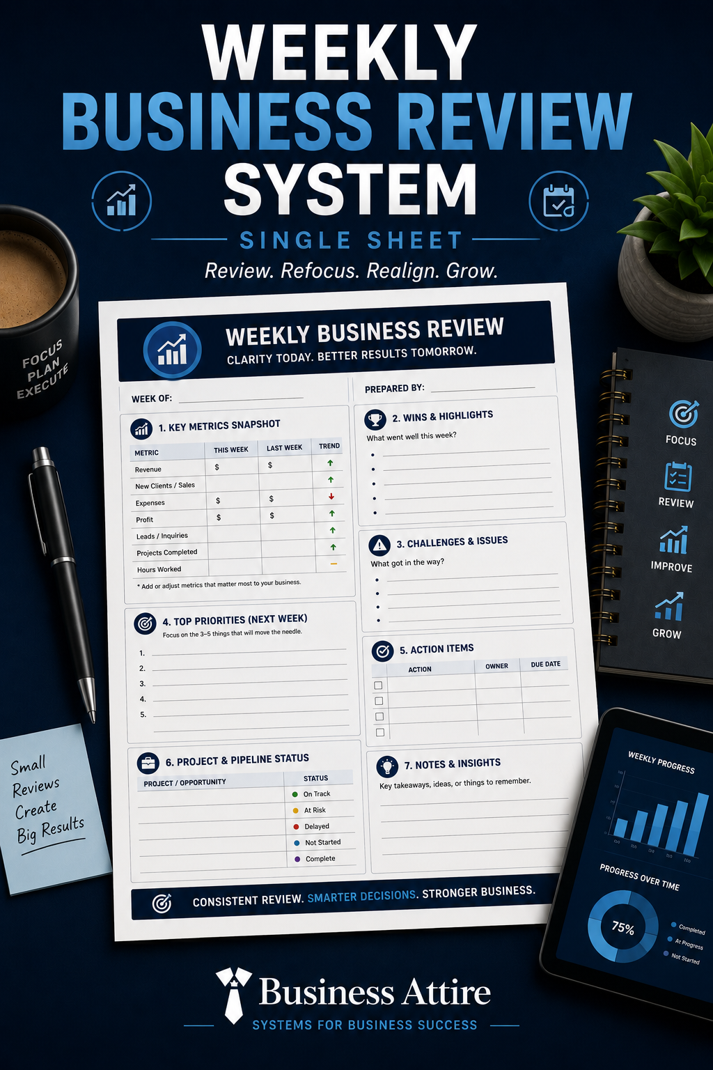 Weekly Business Review System | Printable XLSX | Business Attire