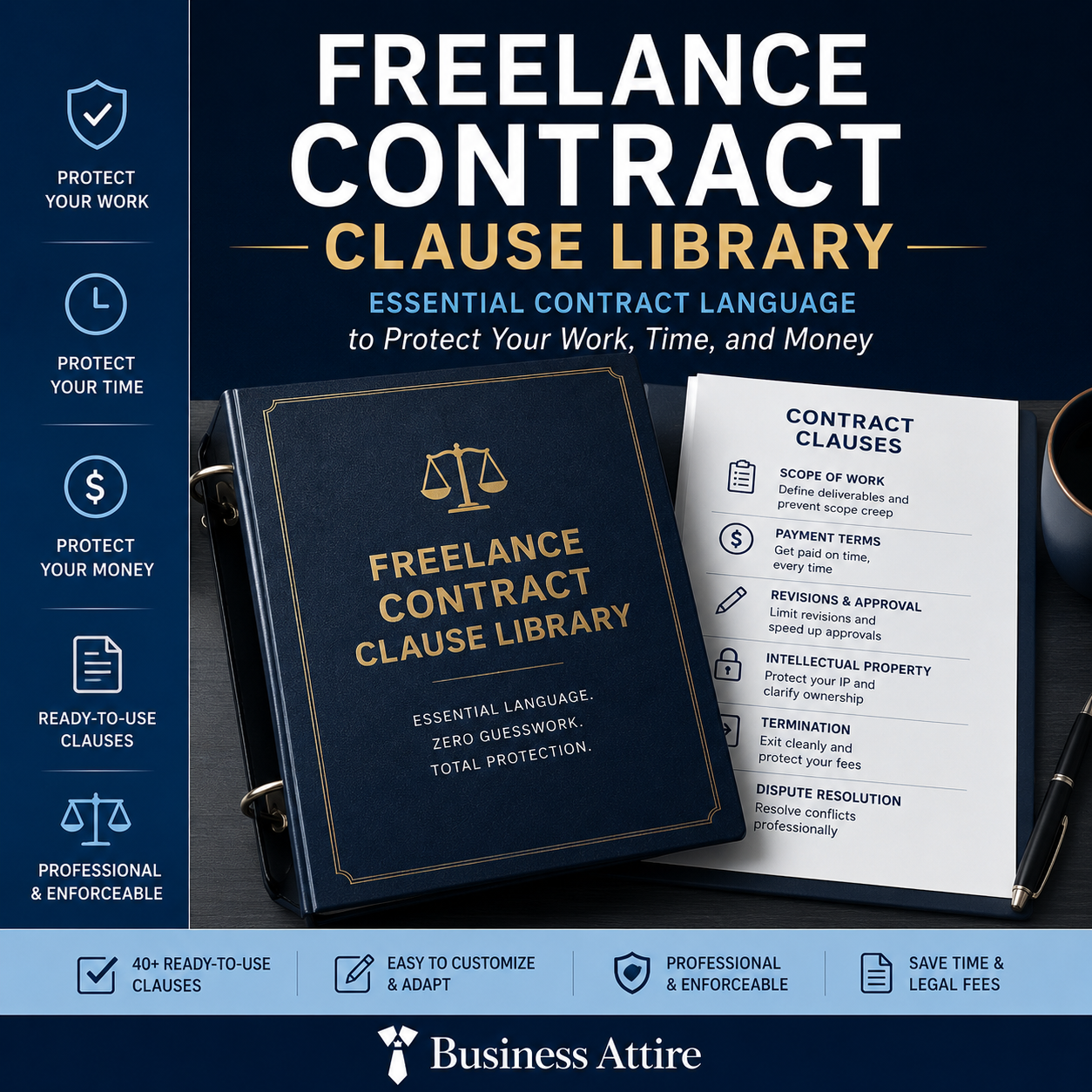 Freelance Contract Clause Library | Printable PDF + DOCX | Business Attire