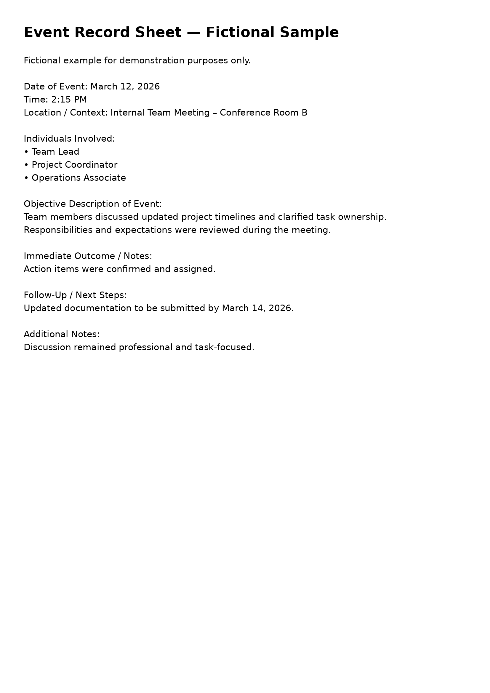 Event Record Sheet (Single Use)