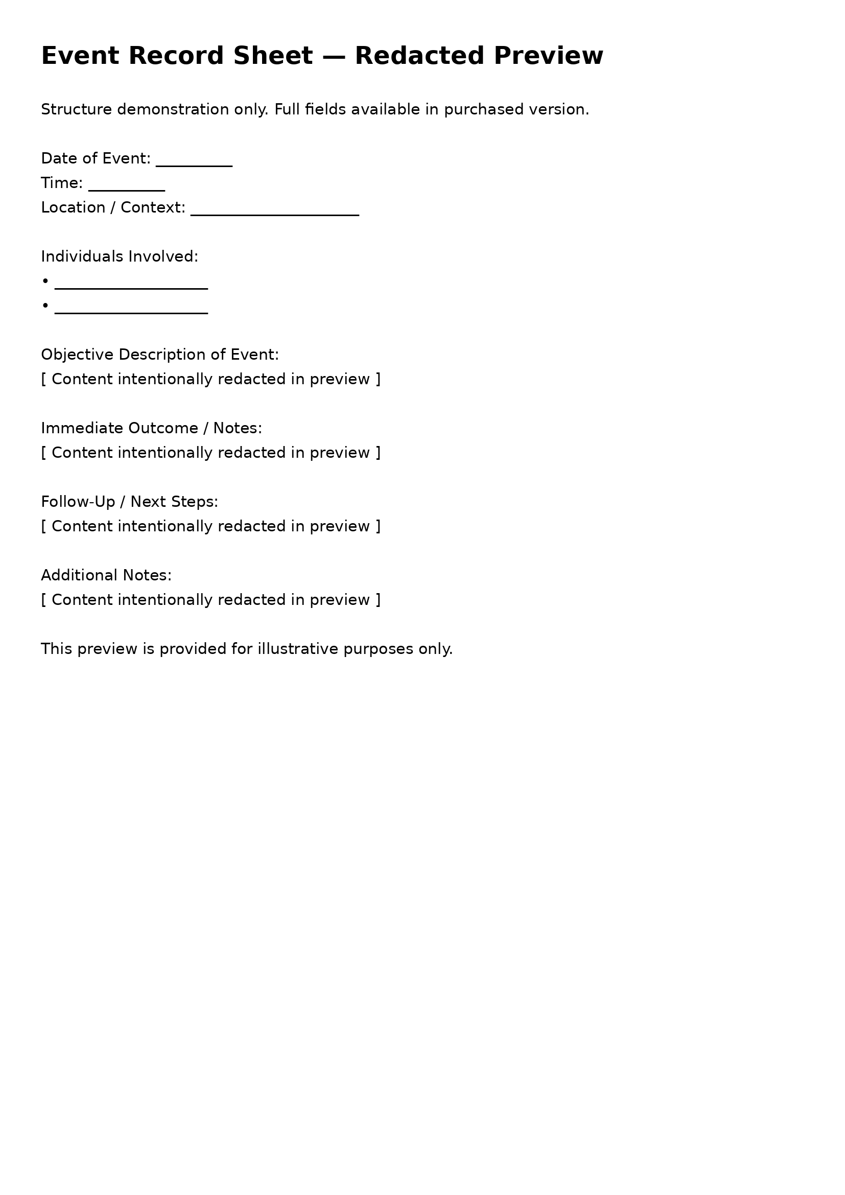 Event Record Sheet (Single Use)